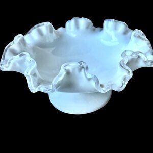 Fenton Milk Glass Pedestal Footed Bowl 8" Ruffled Silvered Edge Candy Dish